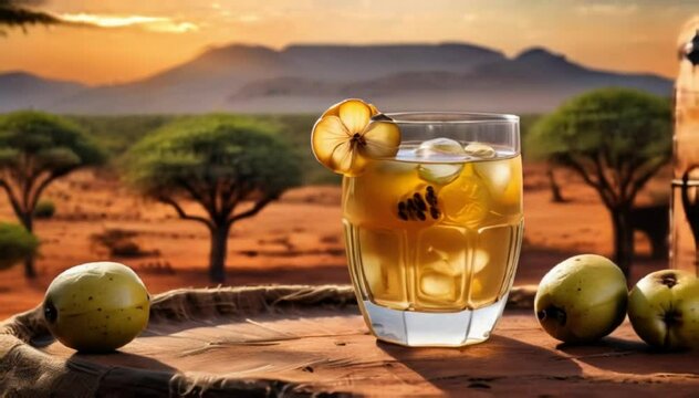 A glass of traditional marula fruit drink served in a simple rustic African tribal setting.
