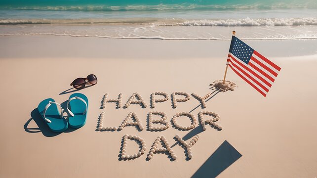 Happy labor day message written in shells on a sandy beach with american flag and flip flops