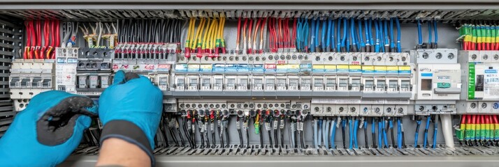 Panoramic view of electrical engineer installing complex wiring systems in a wall-mounted cabinet, gloved hands handling color-coded cables, detailed tools and equipment in frame