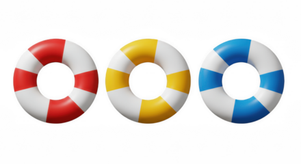 Set of Three Colorful Lifebuoys in Red, Yellow, and Blue, Representing Safety and Rescue, Isolated on Transparent PNG Background

