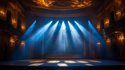 Ornate grand theater interior illuminated by piercing blue spotlights with golden accents creating a dramatic atmosphere