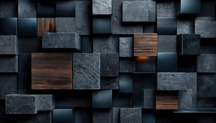 Abstract geometric pattern of dark gray blocks and wooden squares