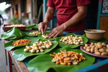Hands arranging fresh ingredients on banana leaves.