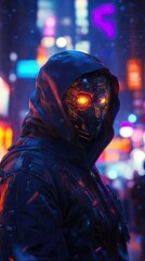 Cyberpunk figure in a city at night