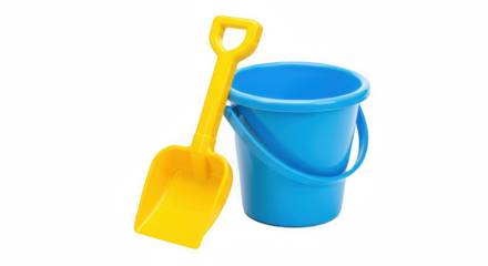 Blue plastic bucket and yellow shovel kids beach toy isolated on transparent PNG background
