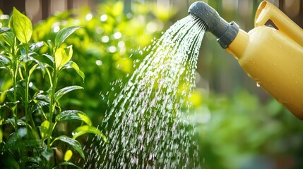 A yellow watering can pouring water onto a green plant in a lush garden setting.