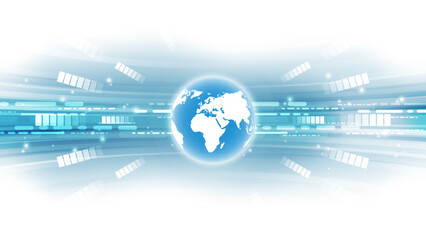 abstract blue background with world map and circuit board, vector illustration
