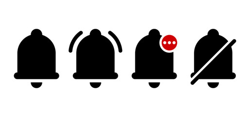 Black Notification Bell Icons | Alert, Ringing, Message & Mute Symbols Vector