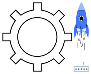 Gear surrounding development process with a blue rocket launching for success, speed, and achievement. Ideal for business, innovation, teamwork, engineering, technology success efficiency. Simple