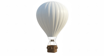 Blank White Hot Air Balloon with Brown Woven Basket, Perfect for Customization and Sky Travel Concepts, Isolated on Transparent PNG Background

