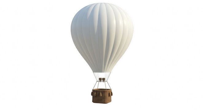 Blank White Hot Air Balloon with Brown Woven Basket, Perfect for Customization and Sky Travel Concepts, Isolated on Transparent PNG Background

