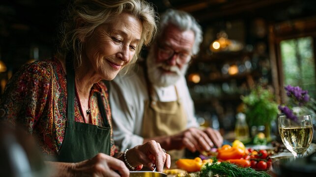 Culinary joy senior chefs preparing fresh ingredients cozy kitchen cooking class warm atmosphere