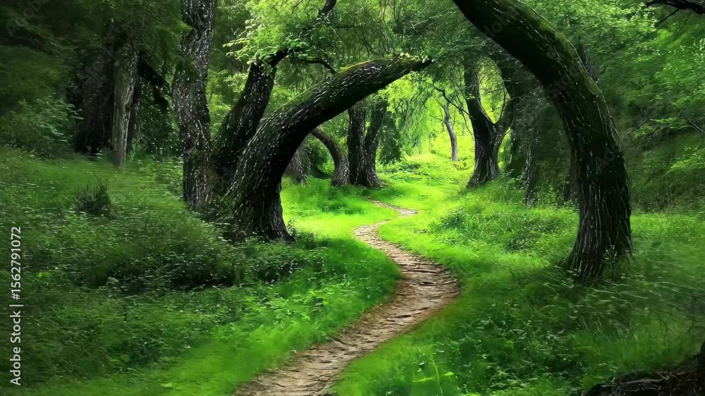 Aufkleber enchanted forest path winding through lush greenery and ancient trees, mysterious dark forest with p
