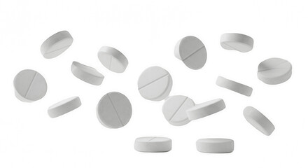 Scattered White Round Pills or Tablets Isolated on Transparent PNG Background, pills, tablets, medicine, medication, falling, floating, health, healthcare