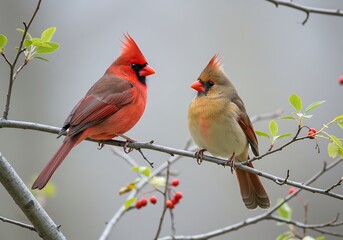 Two Northern Cardinals perched on a branch, vibrant color contrast.