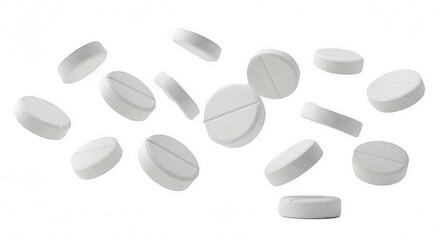 Scattered White Round Pills or Tablets Isolated on Transparent PNG Background, pills, tablets, medicine, medication, falling, floating, health, healthcare