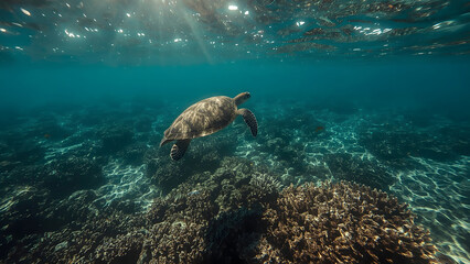 Obraz premium Green Sea Turtle Swimming, Underwater Turtle with Sunbeams, Coral Reef and Turtle