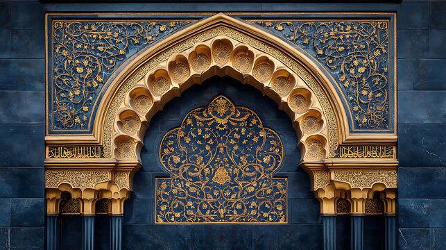 Ornate islamic architecture blue and gold intricate designs detailing calligraphy and floral patterns for cultural or religious backgrounds exquisite islamic art