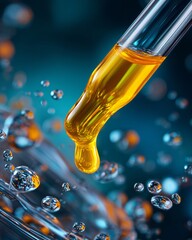 Macro photography of vibrant golden oil dropped from a pipette in a scientific lab