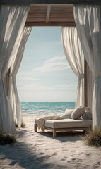 Obraz premium Relaxing beach cabana scene with serene ocean view inviting coastal getaway and vacation serenity