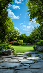 Lush backyard with a vibrant lawn under a blue sky with clouds surrounded by greenery