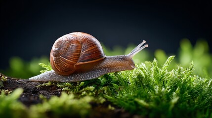 Snail crawling on lush green moss nature close-up tranquil forest environment
