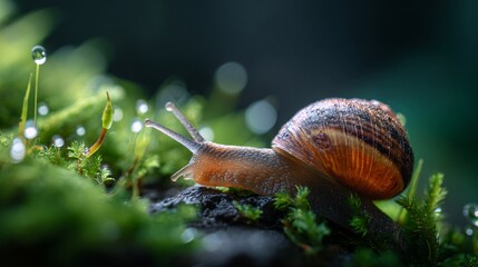 Exploring a snail's journey on lush moss nature close-up tranquil forest environment