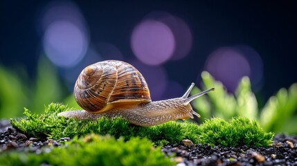 Snail crawling on lush moss nature scene close-up calm environment macro photography