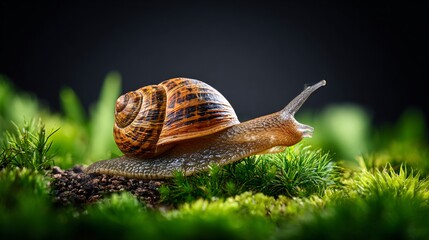 Snail slithering through lush moss nature close-up macro photography serene environment