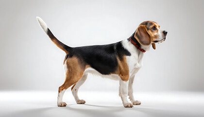 A Standing Beagle with Tri-Color Coat and Red Collar, Profile View.