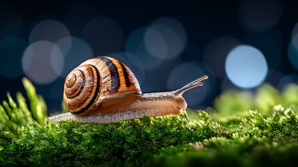 Snail movement on moss nature close-up macro photography serene environment artistic viewpoint