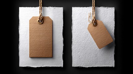 Stylish blank tags with strings for crafting studio setting minimalist aesthetic close-up view