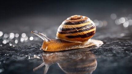 Slow movement of a beautiful snail on wet surface close-up photography macro environment