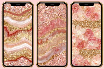 Three phone wallpapers featuring a mix of agate-like patterns and floral designs in a pale pink and gold color scheme