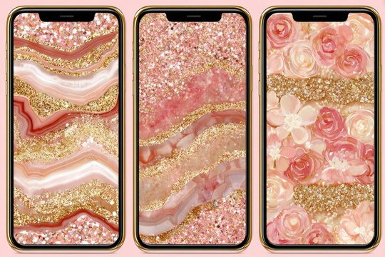 Fototapeta Three phone wallpapers featuring a mix of agate-like patterns and floral designs in a pale pink and gold color scheme