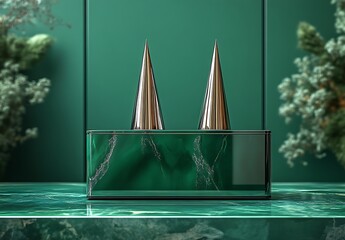 Two Metallic Cones on Green Marble Base with Matching Green Backdrop

