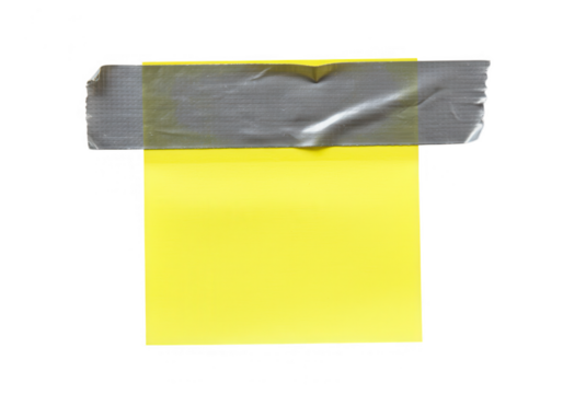 A yellow sticky note attached with gray adhesive tape isolated on transparent background, ready for a message