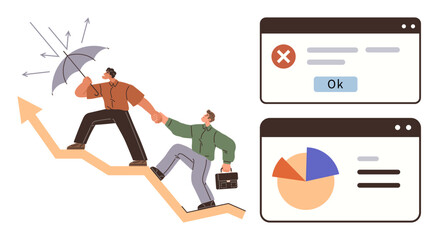 Two individuals navigate upward growth with an umbrella for challenges one holds a briefcase, paired with browser windows showing error messages and data charts. Ideal for leadership, teamwork