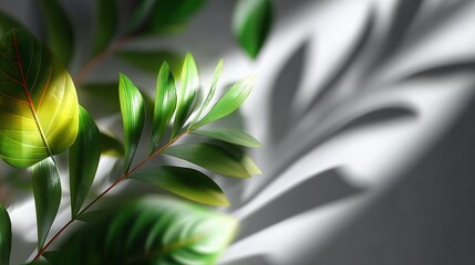 Fototapeta premium Lush green leaves casting shadows indoor natural setting close-up photography artistic composition