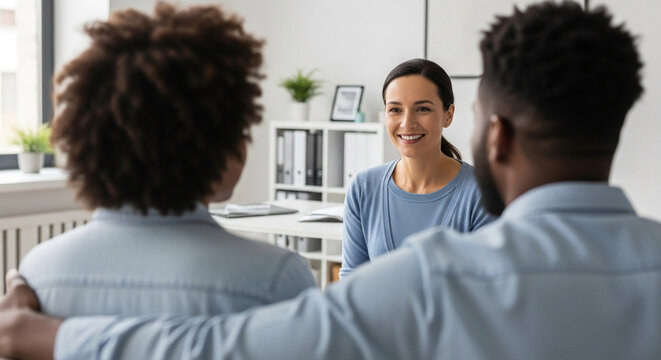Diverse couple consults with professional.