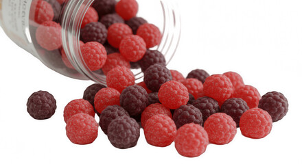 Red and Purple Berry-Shaped Gummy Candies Spilling from a Bottle, Isolated on Transparent PNG Background, gummy candies, gummies, candy, sweets, confectionery, berries, sugary, sweet treat, snack, des