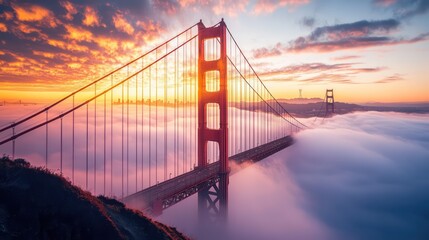 Obraz premium Golden Gate Bridge Pierced by Sunrise Fog
