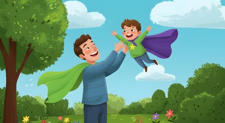 Superhero Moment: A heartwarming illustration captures a father's playful embrace of his son, both adorned with superhero capes, celebrating a moment of joy and imagination in an outdoor setting.