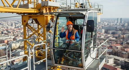 Smiling Woman Operating Yellow Crane Waving in Urban Construction