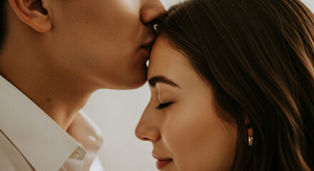 Fototapeta premium Couple in tender moment, kiss on forehead.
