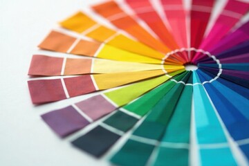 Circular rainbow color wheel; geometric paint swatches, color theory, shades, artist