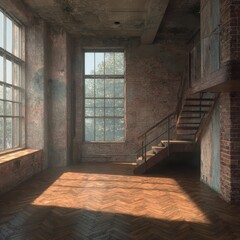 Sunlit industrial loft with exposed brick walls, large windows, wooden floors, and a metal staircase leading to a mezzanine