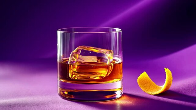 Enjoying a refined snifter glass with amber liquid and a twist of orange peel on vibrant purple backdrop, Snifter glass with amber liquid and orange peel on purple background