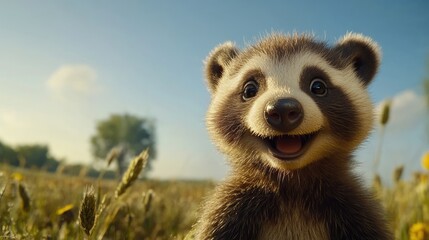 Fototapeta premium Happy Raccoon Meadow Sunset.