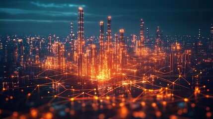 Fototapeta premium A glowing digital industrial network connecting all global factories 